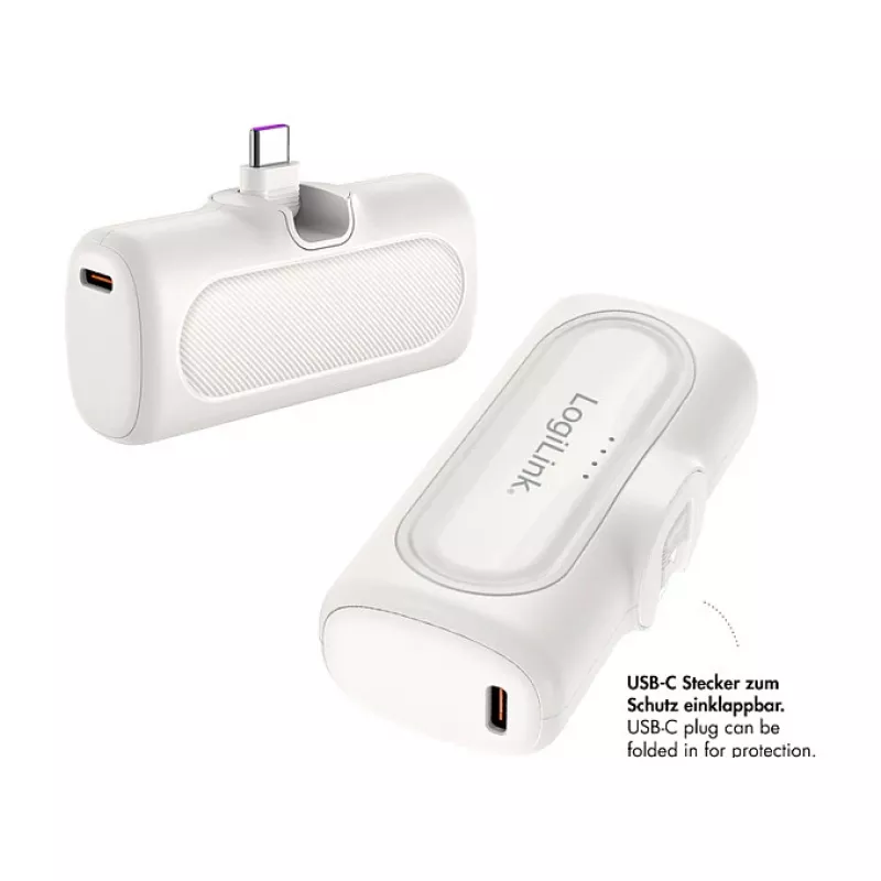 LogiLink PA0349W pārnēsājama ārējā baterija, 5000 mAh, LiPo, iebūvēts salokāms USB-C spraudnis un USB-C ports, balta