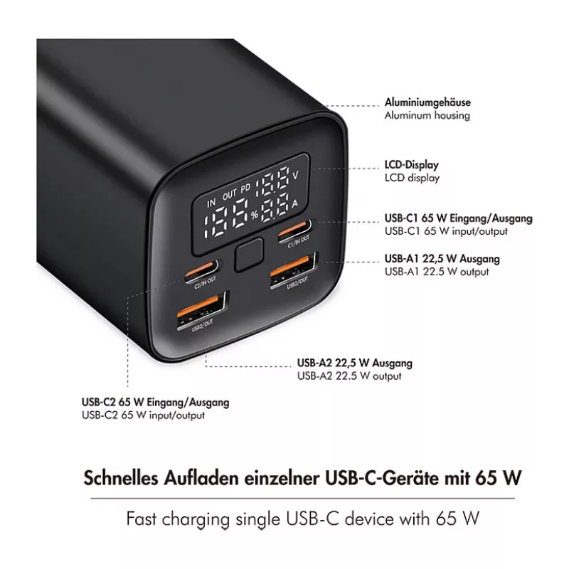 Logilink PA0350 mobilā ārējā baterija, 20 000 mAh, 65W PD & QC 3.0, melna