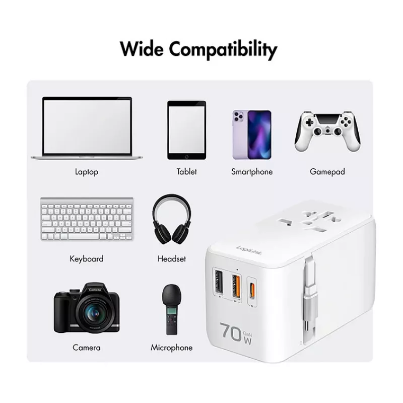 LOGILINK PA0357 USB-A/C ceļojumu lādētājs, 70 W GaN, 4 porti, 2x USB-A (QC), 2x USB-C (PD), plāns, balts