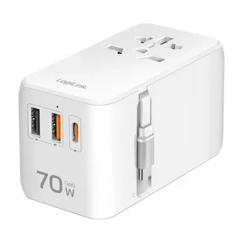 LOGILINK PA0357 USB-A/C ceļojumu lādētājs, 70 W GaN, 4 porti, 2x USB-A (QC), 2x USB-C (PD), plāns, balts