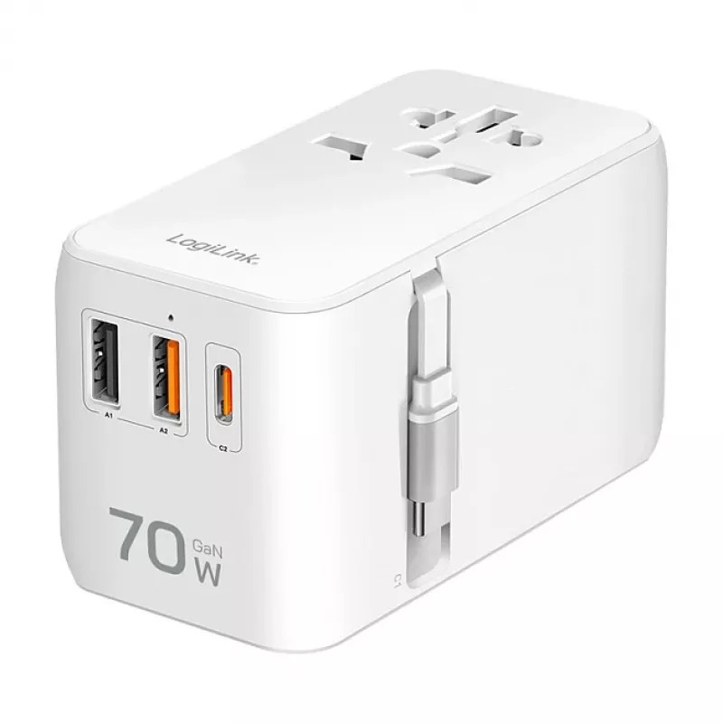 LOGILINK PA0357 USB-A/C ceļojumu lādētājs, 70 W GaN, 4 porti, 2x USB-A (QC), 2x USB-C (PD), plāns, balts