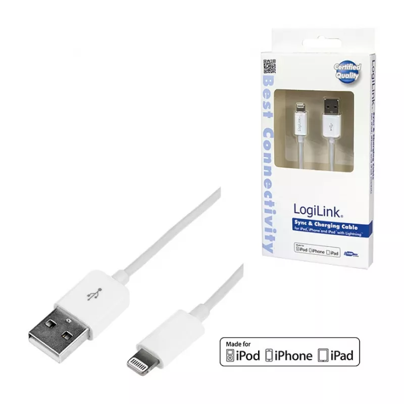 Logilink UA0199 Lightning kabelis, MFi sertificēts, USB-A uz Lightning 8-pin, balts, 1m (ātra uzlāde un sinhronizācija)