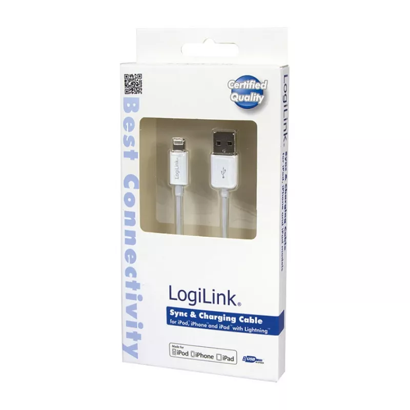Logilink UA0199 Lightning kabelis, MFi sertificēts, USB-A uz Lightning 8-pin, balts, 1m (ātra uzlāde un sinhronizācija)
