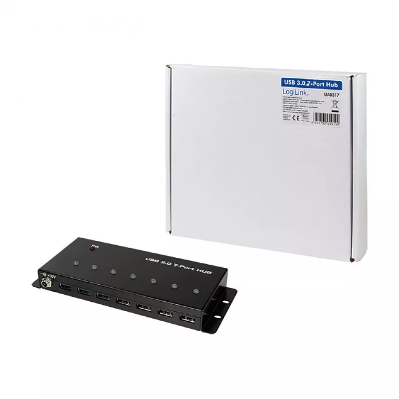 LOGILINK UA0317 USB 3.0 centrmezgls, 7-portu, metāla korpuss, industriāla līmeņa