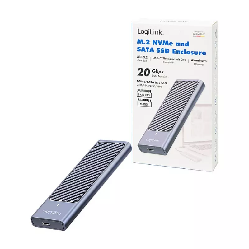 LogiLink UA0435 USB 3.2 Gen 2x2 SSD korpuss, M.2 NVMe/SATA, USB-C, 20 Gbps, pelēks