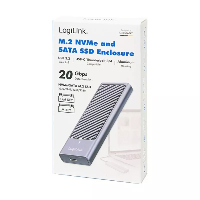 LogiLink UA0435 USB 3.2 Gen 2x2 SSD korpuss, M.2 NVMe/SATA, USB-C, 20 Gbps, pelēks