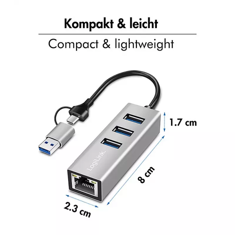 Logilink UA0440 USB 3.2 Gen 1 3 portu centrmezgls ar gigabitu Ethernet adapteri, USB-C un USB-A savienojums, alumīnija