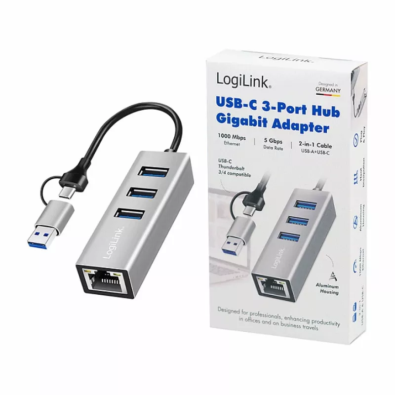 Logilink UA0440 USB 3.2 Gen 1 3 portu centrmezgls ar gigabitu Ethernet adapteri, USB-C un USB-A savienojums, alumīnija