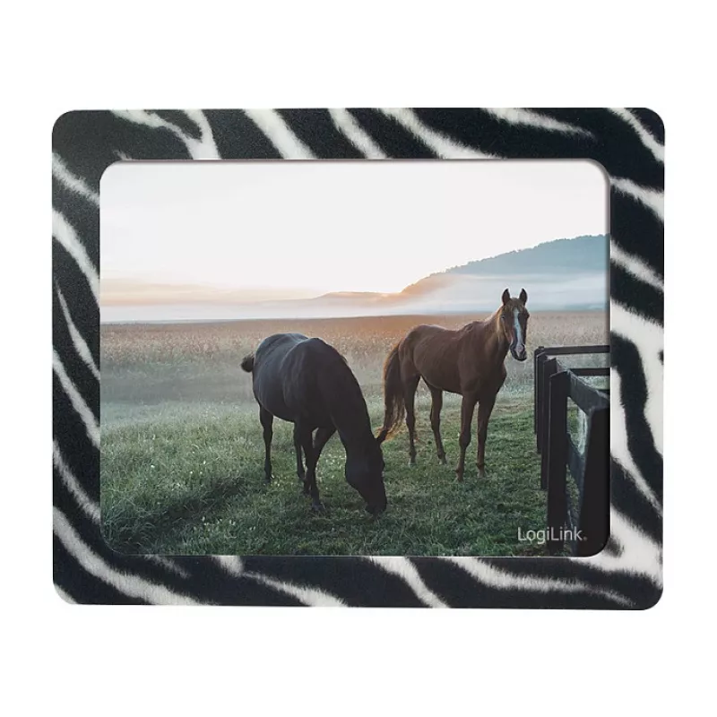 LogiLink īpaši plāns peles paliktnis ar integrētu foto rāmi, zebras dizains, neslīdoša gumijas pamatne, 2 mm, 10 x 15 cm foto, melns/baltss