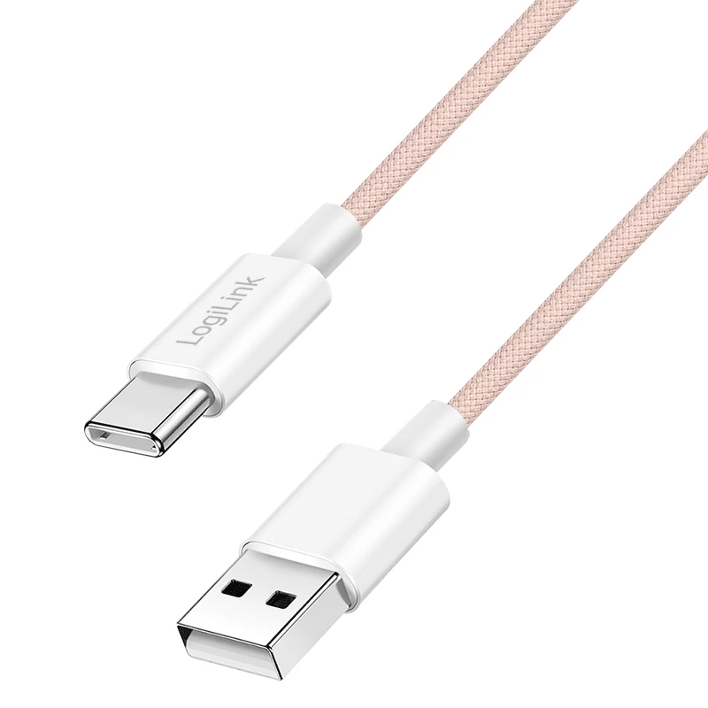 LogiLink CU0324 USB 2.0 Type-C kabelis, A/M līdz C/M, 480 Mbps, 60W, neilons, rozā, 1 m