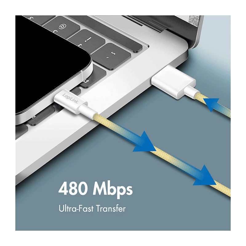 LogiLink USB 2.0 Type-C kabelis, A/M līdz C/M, 480 Mbps, 60W, neilons, dzeltens, 0,5 m