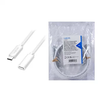 LOGILINK USB 2.0 Type-C pagarinājuma kabelis – USB-C vīrietis uz sievieti, 480 Mbps, 100W Power Delivery, balts, 1m