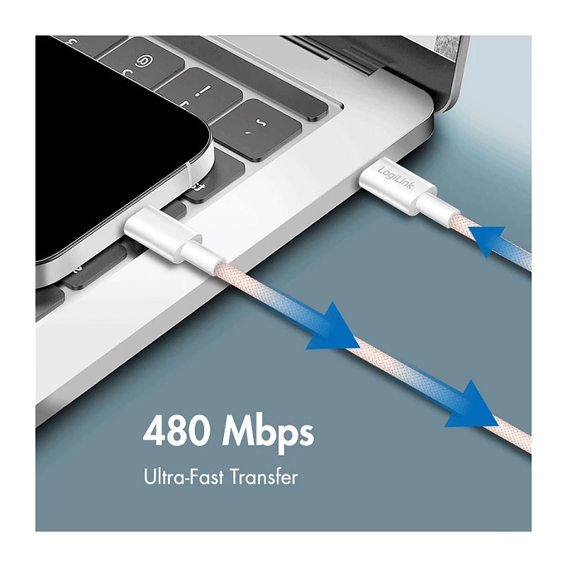 LogiLink USB 2.0 Type-C uz Type-C kabelis, 1m, 60W Power Delivery, neilona pinums, rozā