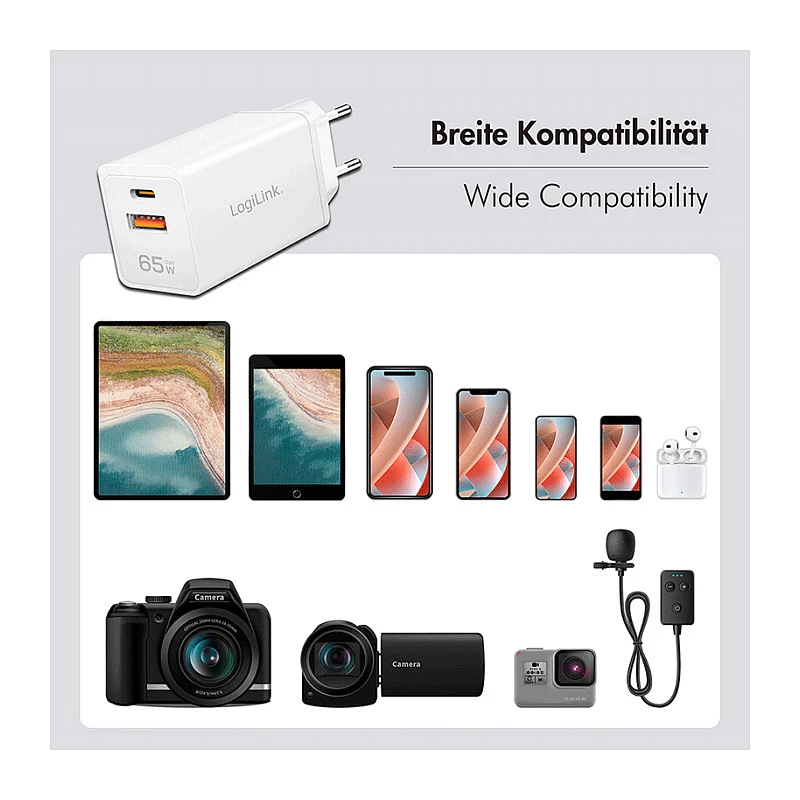 Logilink USB-A/C lādētājs 65 W GaN, 1x USB-A (QC), 1x USB-C (PD), balts