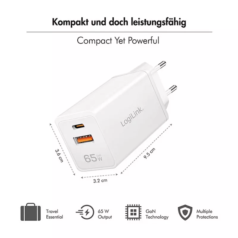 Logilink USB-A/C lādētājs 65 W GaN, 1x USB-A (QC), 1x USB-C (PD), balts