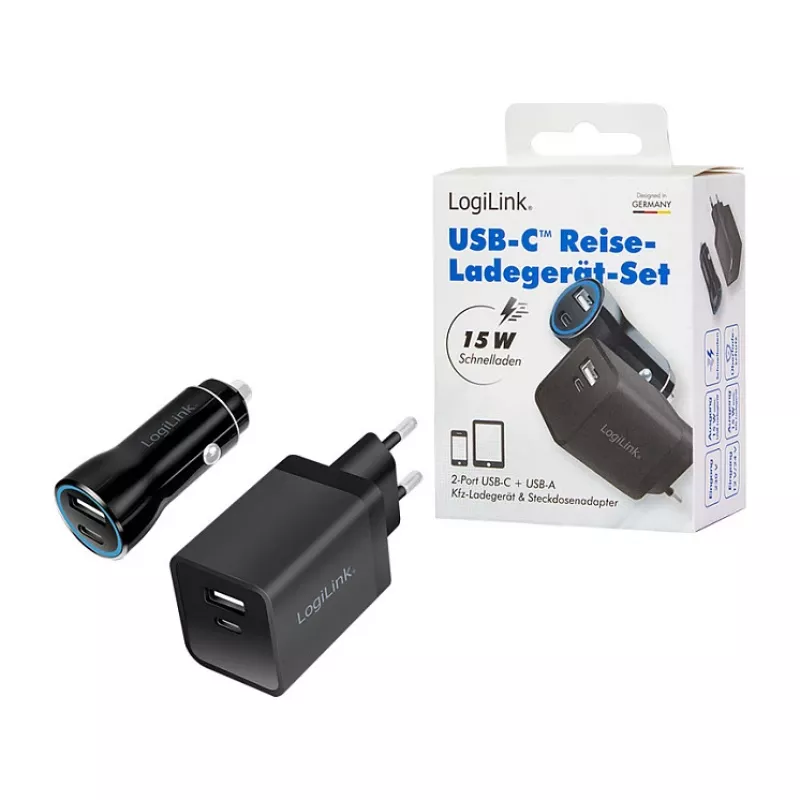 Logilink USB-A/C lādēšanas komplekts, 15 W, katrs 1x USB-A, 1x USB-C, melns