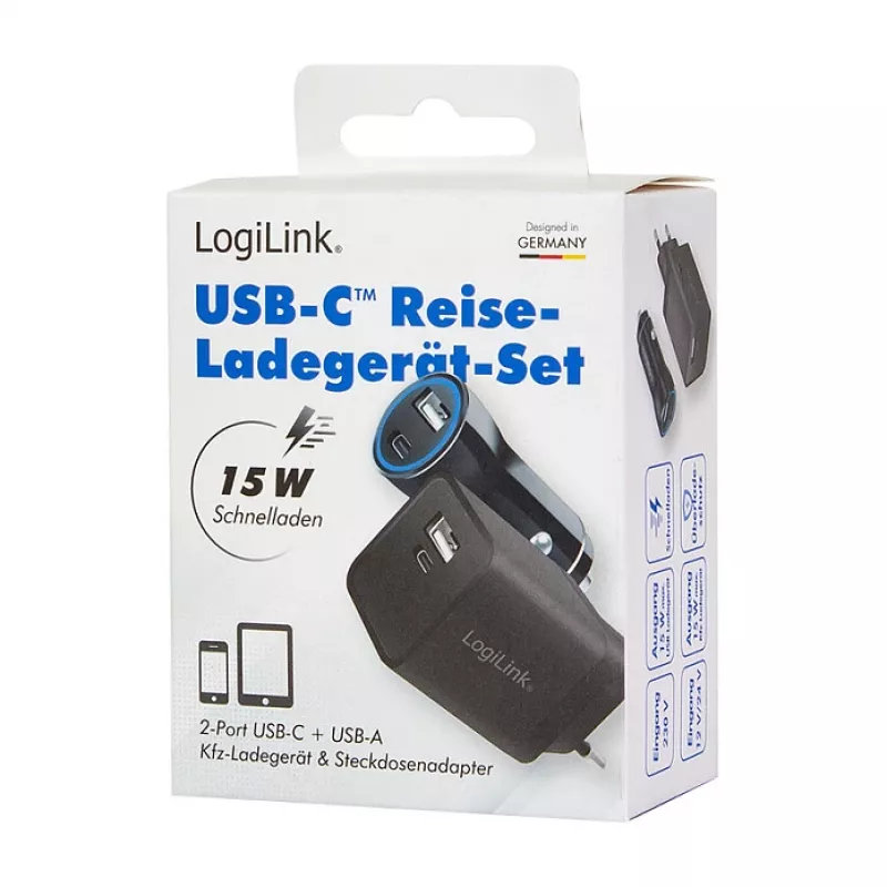 Logilink USB-A/C lādēšanas komplekts, 15 W, katrs 1x USB-A, 1x USB-C, melns