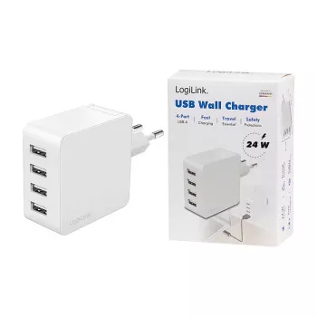 Logilink USB-A lādētājs, 24 W, 4 porti, 4x USB-A, balts