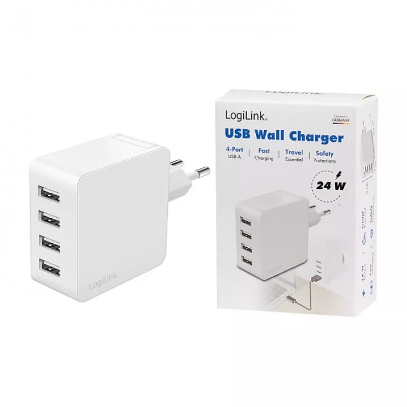 Logilink USB-A lādētājs, 24 W, 4 porti, 4x USB-A, balts