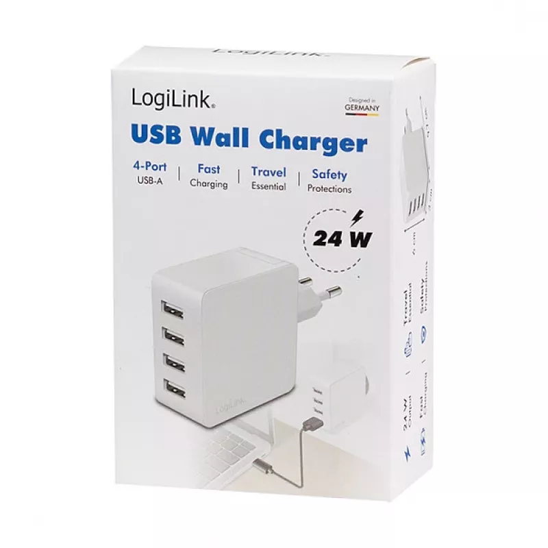 Logilink USB-A lādētājs, 24 W, 4 porti, 4x USB-A, balts