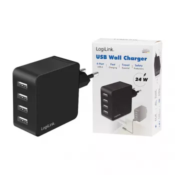LogiLink USB-A sienas lādētājs, 24W, 4 porti, 4x USB-A, melns