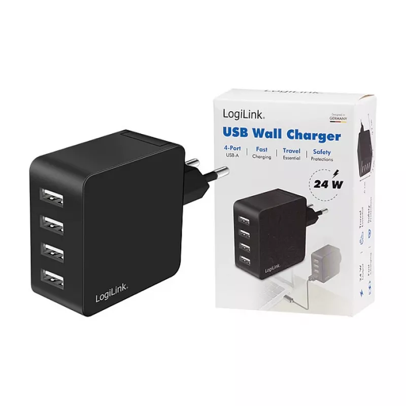 LogiLink USB-A sienas lādētājs, 24W, 4 porti, 4x USB-A, melns