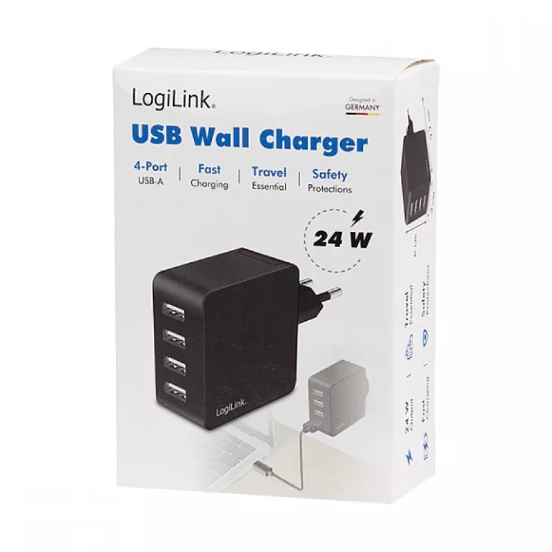 LogiLink USB-A sienas lādētājs, 24W, 4 porti, 4x USB-A, melns