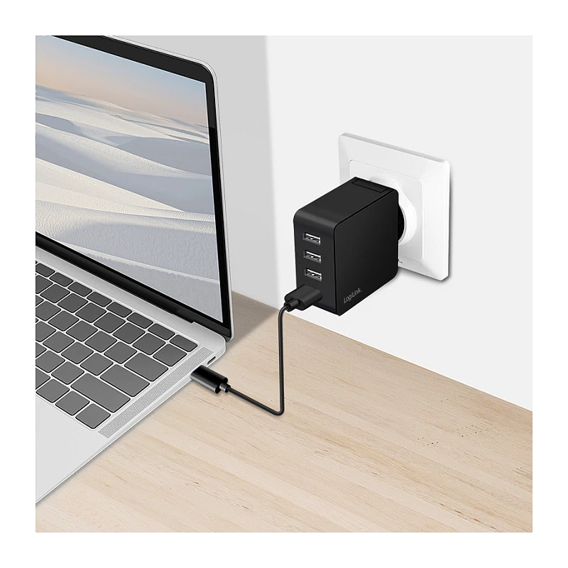 LogiLink USB-A sienas lādētājs, 24W, 4 porti, 4x USB-A, melns