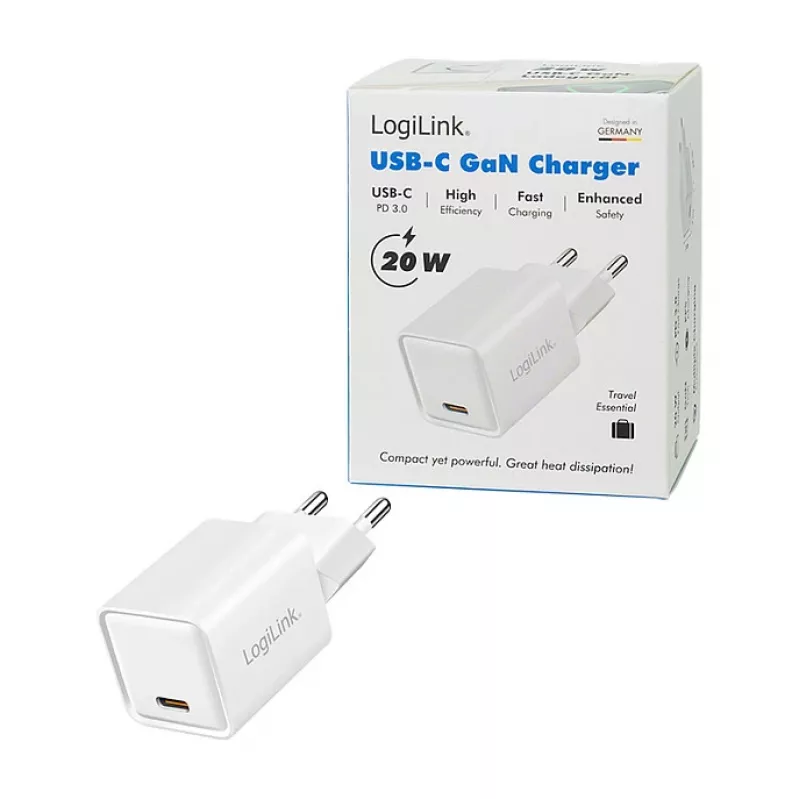 LogiLink USB-C lādētājs 20W GaN, 1 ports, USB Power Delivery, balts
