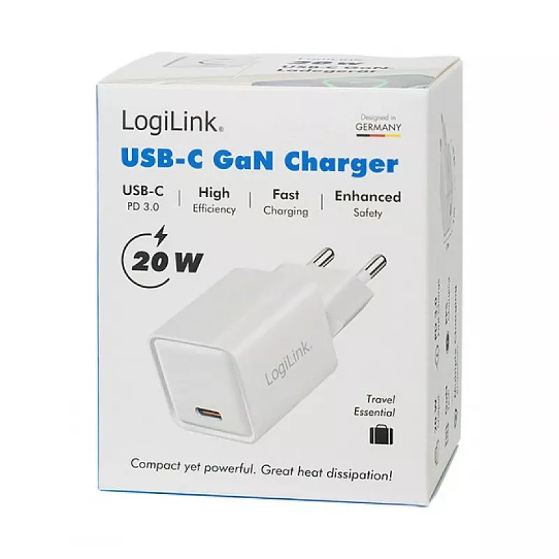 LogiLink USB-C lādētājs 20W GaN, 1 ports, USB Power Delivery, balts