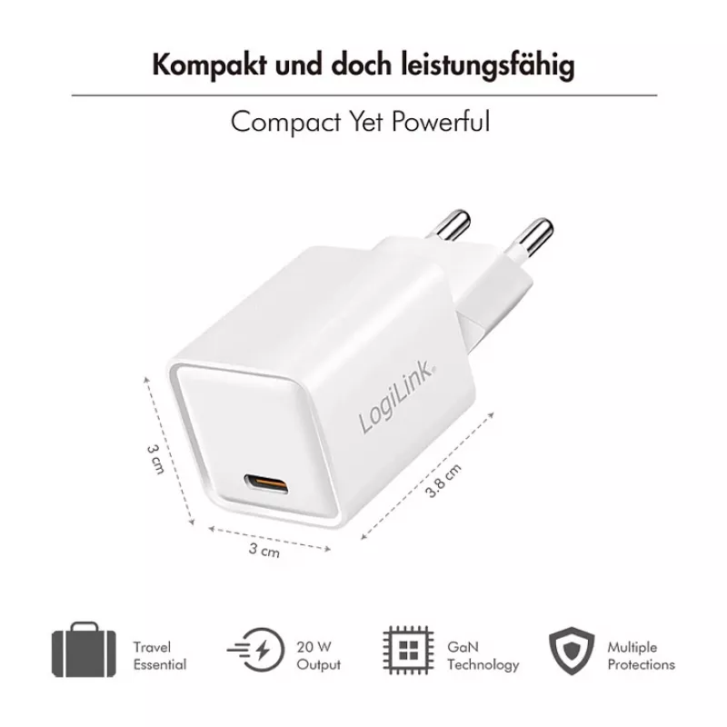 LogiLink USB-C lādētājs 20W GaN, 1 ports, USB Power Delivery, balts