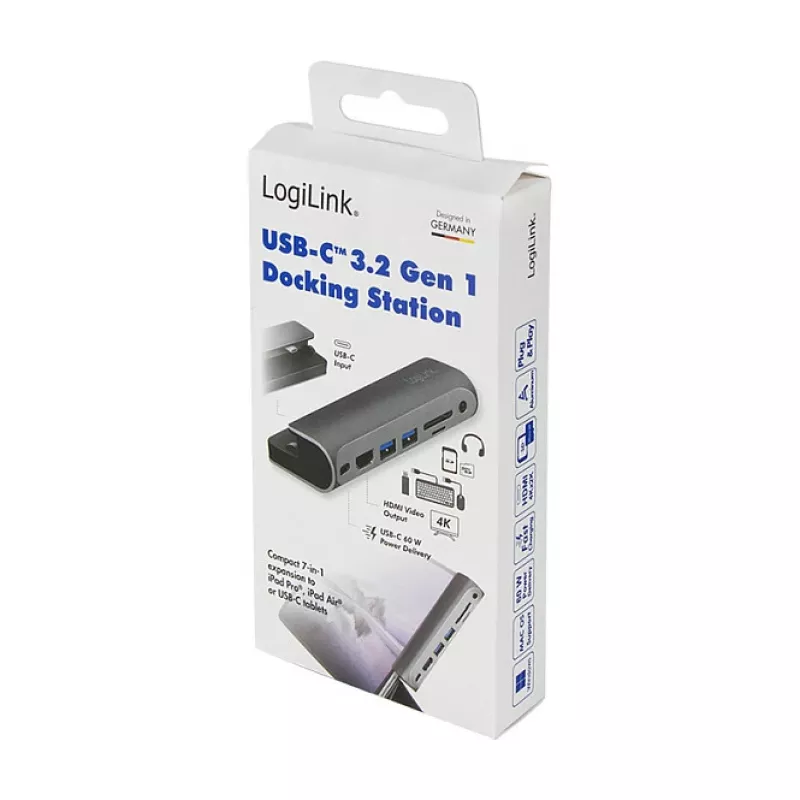 LOGILINK USB-C dokstacija, 7 portu, USB 3.2 Gen1, 100W PD, 4K HDMI, iPad, alumīnija (UA0385)