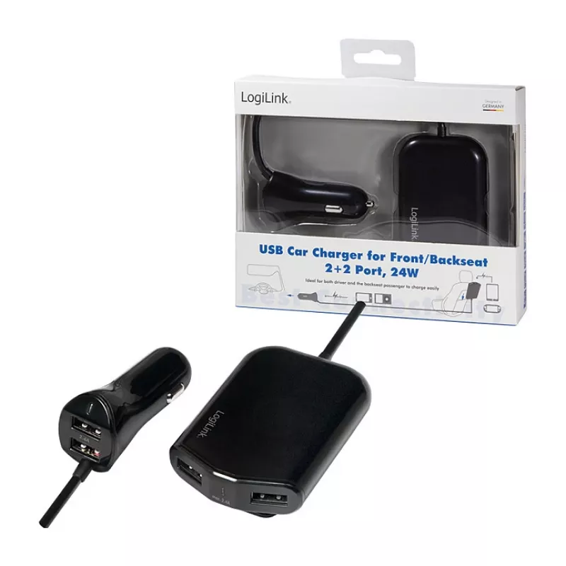 Logilink USB auto lādētājs, 2+2 porti, 24W, melns