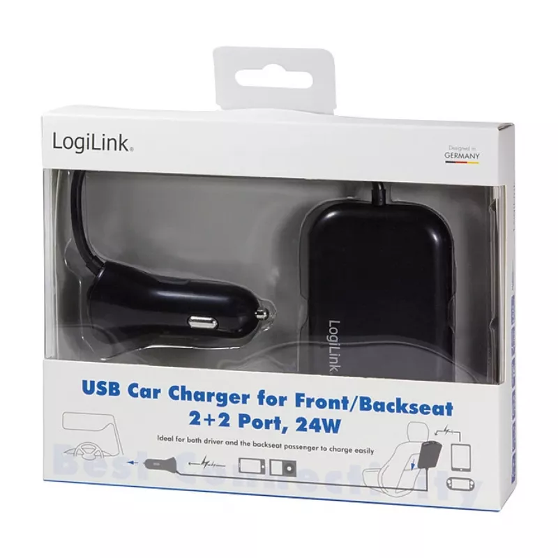 Logilink USB auto lādētājs, 2+2 porti, 24W, melns