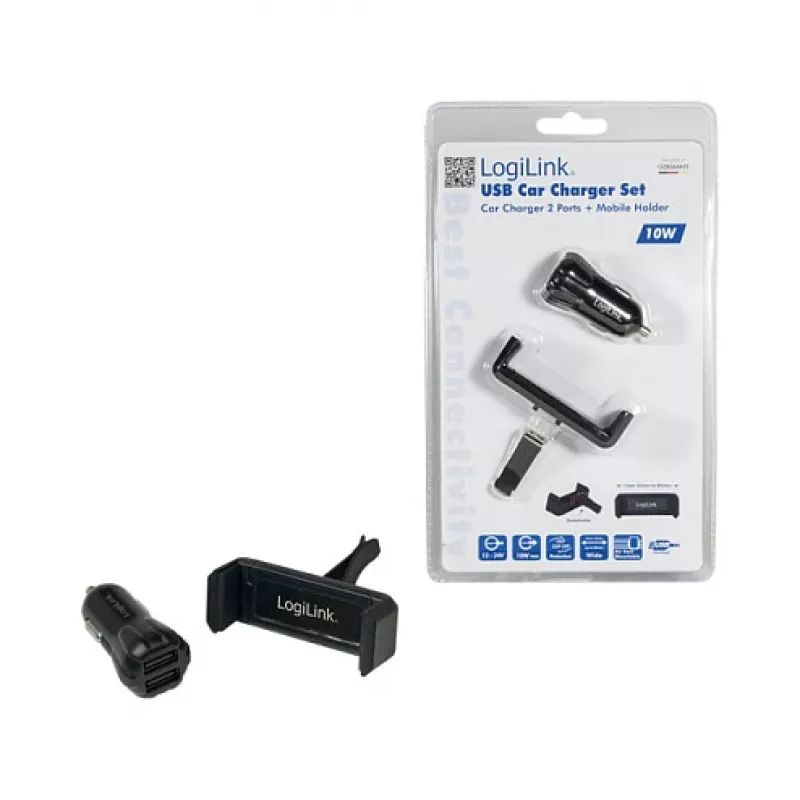 LogiLink USB automašīnas lādētāja komplekts, 2 portu lādētājs + turētājs