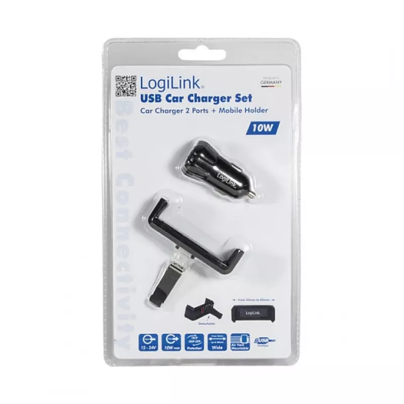 LogiLink USB automašīnas lādētāja komplekts, 2 portu lādētājs + turētājs