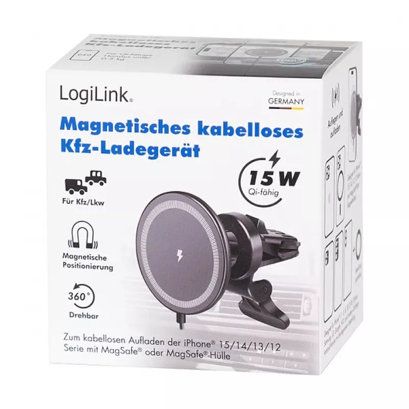 LogiLink bezvadu auto lādētājs ar viedtālruņa turētāju 15W, apaļa forma, Qi, automātiska fiksācija, ventilācijas atvere un piesūceknis, melns