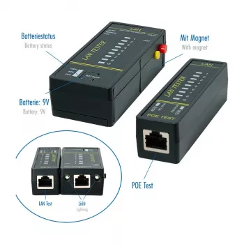 LOGILINK WZ0080 LAN kabeļu testeris un PoE meklētājs ar magnētu, lukturīti, fona apgaismojuma LCD, 300 m darbības rādiusu