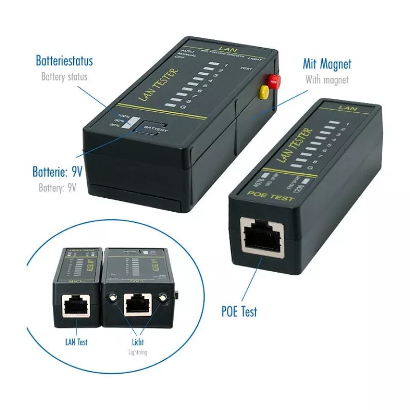 LOGILINK WZ0080 LAN kabeļu testeris un PoE meklētājs ar magnētu, lukturīti, fona apgaismojuma LCD, 300 m darbības rādiusu