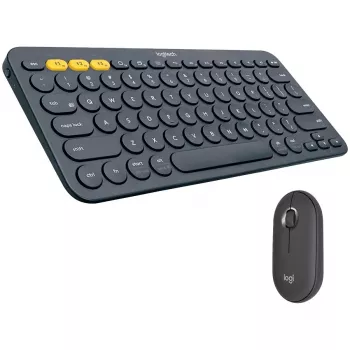 Logitech Pebble 2 Combo Tonal Graphite bezvadu klaviatūras un peles komplekts, AZERTY franču izkārtojums, Bluetooth un Logi Bolt USB uztvērējs, klusie klikšķi, vairāku ierīču atbalsts, pārstrādāta plastmasa