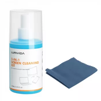LUMIVIDA HS084912 Ekrāna tīrīšanas komplekts – 200 ml bezspirta aerosols, 20x20 cm mikrošķiedras drāniņa un mīksta birste LCD, LED, OLED, plazmas, klēpjdatoru, monitoru, viedtālruņu, planšetdatoru, kameru un briļļu tīrīšanai
