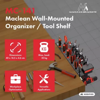 MACLEAN MC-141 Sienas stiprinājuma instrumentu organizators ar 20 kastēm un 11 āķiem, melns/sarkans, 800x400x195 mm