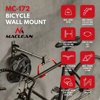MACLEAN MC-172 Horizontāls pie sienas montējams velosipēdu statīvs, tērauds, 30 kg slodze, regulējams leņķis, salokāms, melns