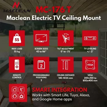 Maclean MC-176 T elektriskais griestu TV stiprinājums ar Tuya viedo vadību, VESA 200x200 līdz 800x400, 43-86 collu televizoriem, 55 kg slodze, melns