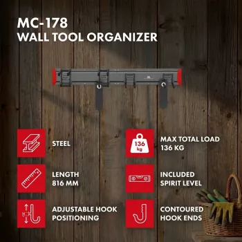 Maclean MC-178 Sienas stiprinājuma tērauda instrumentu organizators, 136 kg slodze, 816 mm platums, pegboard panelis