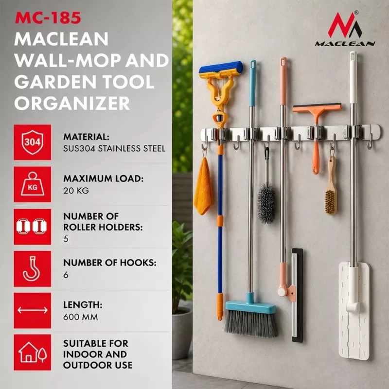 Maclean MC-185 Sienas stiprinājuma instrumentu organizators dārza instrumentiem un mopiem, tērauds, 60 cm, 20 kg slodze, ar āķiem