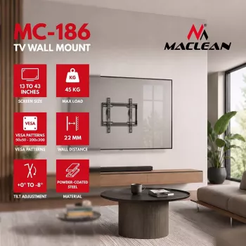 MACLEAN MC-186 Slīpais TV sienas stiprinājums 13-43 inch ekrāniem, VESA 200x200, 45 kg, melns