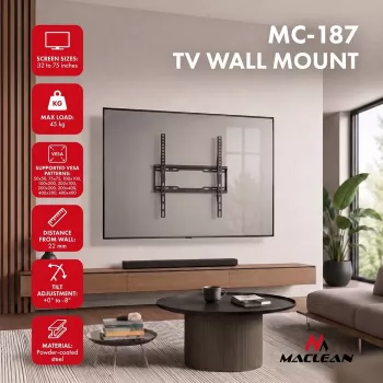 MACLEAN MC-187 Slīpais TV sienas stiprinājums 32–75 collu ekrāniem, VESA līdz 400x400, 45 kg, melns