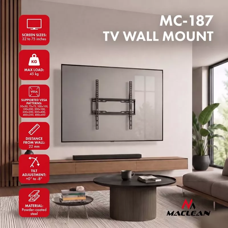 MACLEAN MC-187 Slīpais TV sienas stiprinājums 32–75 collu ekrāniem, VESA līdz 400x400, 45 kg, melns
