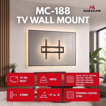 MACLEAN MC-188 TV sienas stiprinājums, max VESA 600x400, 37-86 collas, līdz 45 kg, melns, slīpuma regulēšana 0°–8°